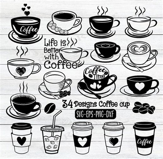 Coffee Cup SVG Bundle: 34 Designs, Clipart Vector Cut Files - Etsy