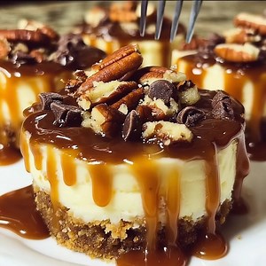 No Bake Turtle Mini Cheesecakes Ingredients: - 1 cup graham cracker crumbs - 3 tablespoons unsalted butter, melted - 8 oz cream cheese, softened - 1/2 cup powdered sugar - 1/2 cup heavy whipping cream - 1 teaspoon vanilla extract - 1/2 cup caramel sauce, plus extra for drizzling - 1/2 cup chopped pecans - 1/2 cup mini chocolate chips Directions: 1. In a medium bowl, combine graham cracker crumbs and melted butter until the mixture resembles wet sand. 2. Press the crumb mixture evenly into the bo
