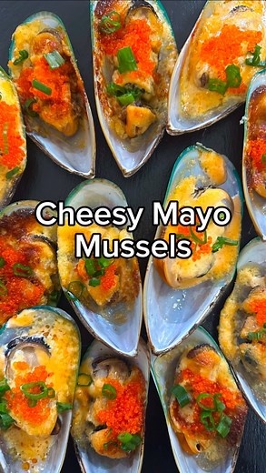 Vince Vasquez on Instagram: "Cheesy mayo mussels are an easy and addictive holiday appetizer. These Chinese buffet inspired baked mussels are creamy and meaty and are ready in less than half an hour. I know for some the idea of cheese and seafood might sound bizarre to some, but if you’ve ever had lobster Mac and cheese or smoked salmon and cream cheese, you know this cheesy mayo mixture perfectly complements the tender and chewy texture of a baked mussel Ingredients 12-16 mussels in the half sh