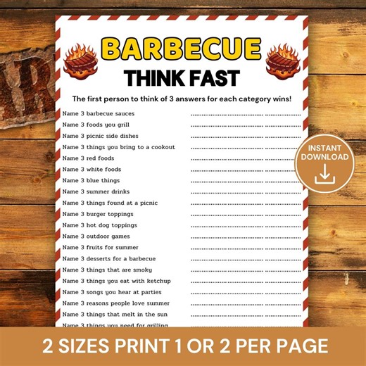Barbecue Think Fast Game Printable, BBQ Party Game, Summer Cookout Activity, Family BBQ Think Quick Game, Printable Outdoor Party Game - Etsy