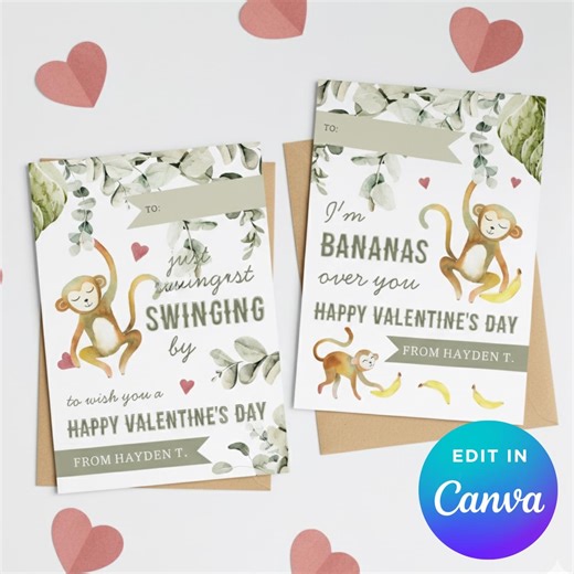 Monkey Valentine Bundle | Kids Classroom Valentines | Canva Template (2 Designs) - Etsy