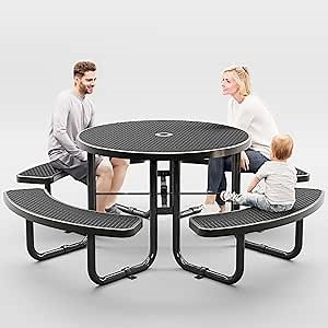 Metal Picnic Tables for Outdoors with Umbrella Hole - Coated Steel Heavy Duty Commercial Grade Furniture Set with Adjustable Seats (Black, 46 in, Round, Expanded Steel)