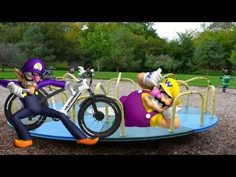 wario dies stupidly after waluigi used an electric bike to spin him on the merry go round