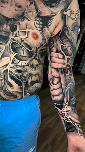 The Architect on Instagram: "Reworking some old tattoos I did 10 years ago 🙏 Thank you bro, still in progress @jakestaunch @goldentusktattoo #sydneytattoo #statuetattooist #blackandgreytattoo #bodysuit #skulltattoo #creepytattoo"