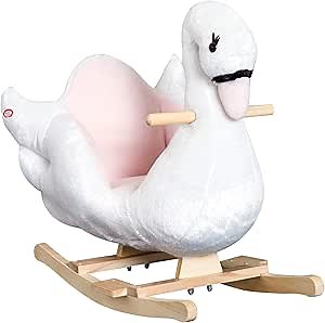 Qaba Kids Ride On Rocking Horse Plush Swan Style Toy with Music for Over 18 Months Children, White and Pink
