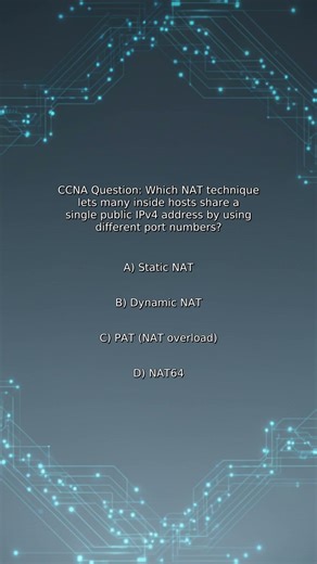CCNA Quiz: Which NAT technique lets many inside hosts share a single public IPv4 address by using...