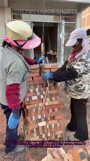 Workers Use Simple Hoist to Lift Heavy Brick Stacks 🧱 #ConstructionHacks