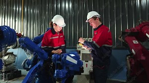 Team male engineer technicians working safety checking the tightness robot arm structure electric welding maintenance and multimeter checking the electrical control system using tools maneuverability.