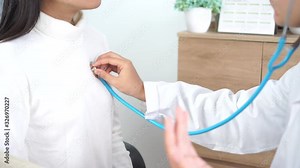 Doctor Female checking heart patient's vitals by stethoscope, Asian female physician listening nurse check body of beauty young girl patient in hospital for examining breath,Healthcare medical concept