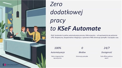 🎥 KSeF w hotelu: Automatyzacja czy ręczna praca? Zobacz nagranie z webinaru! 👋 Nagranie z webinaru "Wdrożenie KSeF do systemu Ekoncept PMS" jest już dostępne na naszym kanale na YouTube! (link w komentarzu). Podczas spotkania wyjaśniliśmy różnice między dwoma modelami obsługi e-Faktur, które dla Was przygotowaliśmy: 🚀 KSeF Automate – dla tych, którzy cenią spokój i czas. ✅ 100% automatyzacji i wysyłka w tle. ✅ Pobieranie UPO i numeru KSeF bezpośrednio do PMS. ✅ Wizualizacja faktur z kodem QR 