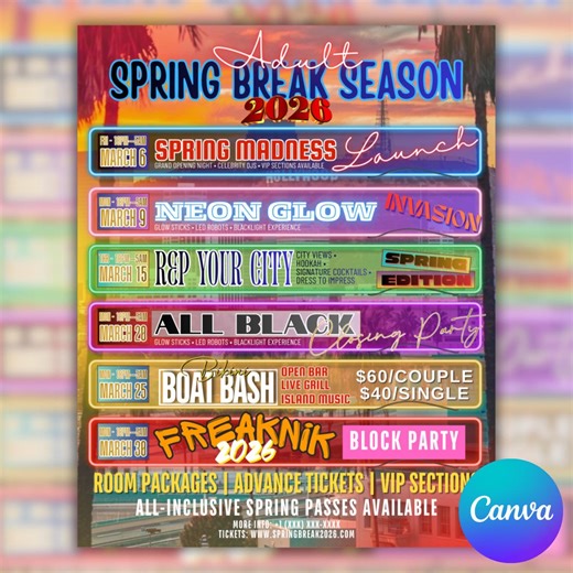 Spring Break Party Flyer, Adult Spring Break 2026, Club Lineup Flyer, Night Club Flyer, Editable Canva Template - Etsy