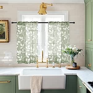 XTMYI Kitchen Window Curtains Over Sink,Boho Leaf Cute Short Sheer Cafe Curtains 36 Inch Length,Sage Green