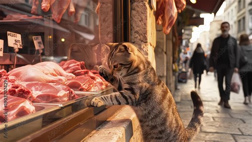 Hungry tabby cat standing on hind legs looking at raw meat in butcher shop window with street reflection and pedestrians