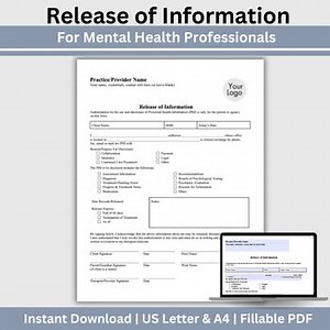 Release of Information, ROI for Mental Health Professionals, Fillable PDF