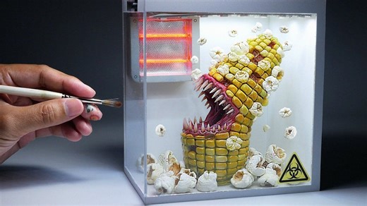 【手工】大佬制作「实验室里即将变成爆米花的恐怖玉米」写实版创意粘土场景 | 作者：JackJack Creator