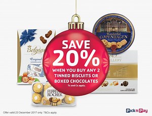 Who could say no to chocolate? Buy any 2 tinned biscuits or boxed chocolates and get 20% off, only on 23 December 🍪🍫 > https://goo.gl/RssYxZ | Pick n Pay