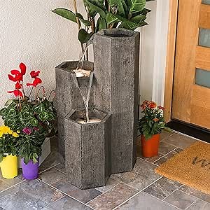Alpine Corporation 25" Tall Indoor/Outdoor 3-Tier Hexagonal Columns Fountain with LED Lights
