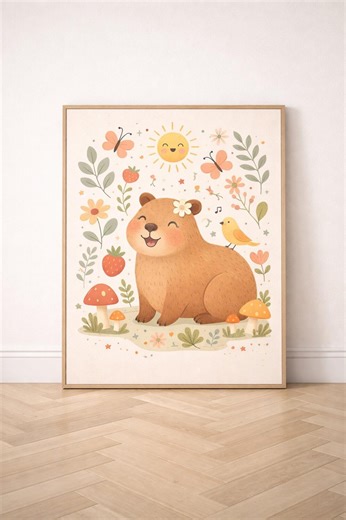 Capybara Nursery Wall Art, Cute Animal Poster Print, Folk Art Kids Room Decor, Woodland Flowers Sun Bird Illustration - Etsy