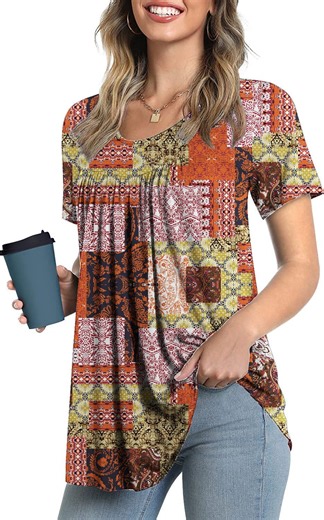 JuneFish Women's Summer Pleated Tops Casual Tee Hide Belly Shirts Blouse for Leggings