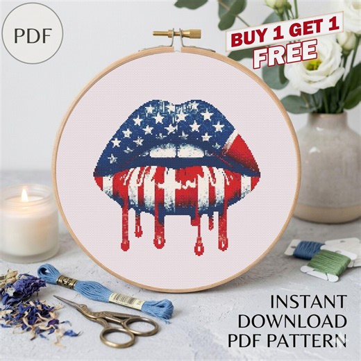 American Flag Lips Cross Stitch Pattern (PDF Download) - Etsy