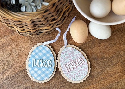 Personalized Wooden Easter Egg Tag, Floral Scallop Basket Decoration - Etsy