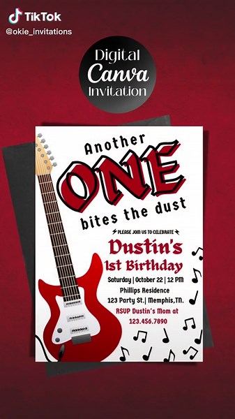 First birthday invitation for your baby’s rock & roll themed party! Edit in Canva and share via mobile or print. #firstbirthdayparty #firstbirthdayinvitation #1stbirthdayinvitation #1stbirthdayinvitations #1stbirthdaytheme #firstbirthdayinspo #firstbirthdaytheme #birthdayinvites #anotheronebitesthedust #fyp #foryourpage #1stbirthday #firstbirthday