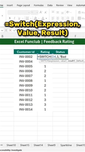 Tired of confusing nested IF formulas? Rate anything instantly with Excel’s SWITCH function: 1️⃣ = Bad 2️⃣ = Average 3️⃣ = Good ✨ **Why it’s better:** • Cleaner than IFs • Easy to modify • Built-in error handling #Excel #SWITCHformula #DataAnalysis #MicrosoftExcel #ExcelTips #OfficeHacks #Productivity #TechTips 💬 Tag someone who grades/rates data daily! | excel_funclub