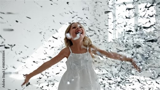 Little Girl Playing in Confetti Shower Indoors, Slow Motion