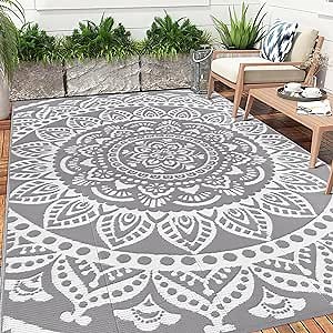 Bsmathom Waterproof Outdoor Rug 6'x9' Reversible Boho Plastic Straw Patio Deck Camping Rugs, Indoor Outdoor Portable RV Mat Clearance Carpet for Outside, Porch, Balcony, Backyard, Beach, Pool,Grey