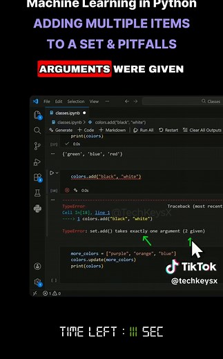 S1 EP17 Lab 6 - Machine Learning in Python - Adding Multiple Items - to a Set & Pitfalls #jupyterlabs #learnpython #machinelearningtutorial #jupyternotebook #mlforbeginners #algorithims #learntocode #machinelearningmodels #machinelearning #dataengineering #PythonForDataScience #codingforbeginners #datascienceforbeginners #python #pythoncoding #datascience #vscode #machinelearningbasics #softwaredeveloper #statistics