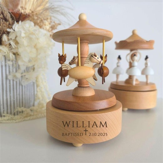 Musical Wooden Ballerina Carousel Keepsake,engraved Name Music Box,personalized Wooden Musicbox,baby Shower Gift,newborn Gift,children's Toy - Etsy