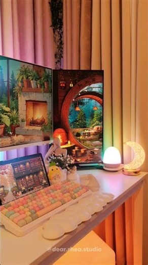 Rainy outside, glowing inside. 🌙 My current desk setup keeping the vibes right. #DearRheaStudio