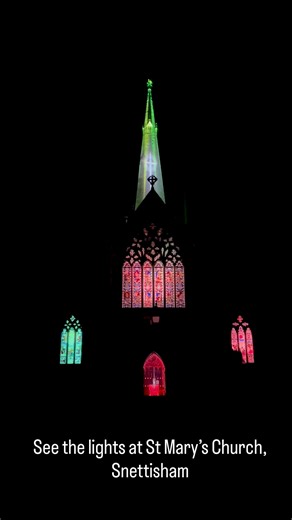 The magnificent 175 foot tall tower and stone spire of St Mary’s Church in Snettisham is once again lit with a light show each evening over Christmas, until New Year’s Eve. It’s a spectacular display, with sequences incorporating different colours, clever pattern play, a few flashing lights and beams, illuminating the church and its stained glass windows. This is one of my favourite Christmas traditions (along with the unmissable crab pot Christmas tree at Wells, twinkling lights in our towns an