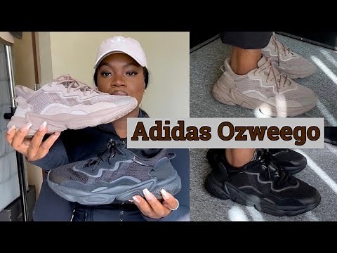 Adidas Ozweego Shoe Review and Sizing, triple black and gray, purple/brown