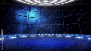 Space, star flight, virtual studio, TV show background. A futuristic graphics loop, ideal for science news, live shows or events. 4k video template, suitable on VR tracking sets, with green screen