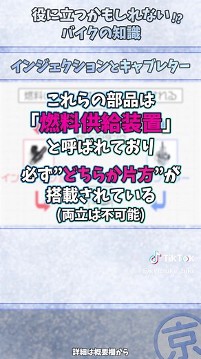 【エンジン】インジェクションとキャブレターってなに？2つの違いを解説【バイク解説】 [YouTube]https://youtube.com/shorts/2AGXS5Ix5bE [参考記事] ・【キャブ・ＦＩ】キャブレター車とインジェクション車の違いや特徴【バイク】 https://bike-a-gogo.com/carburetor-fuelinjection/