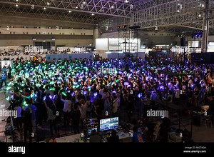 Fans swing light-sticks during a J-Pop concert at Niconico Chokaigi festival in Makuhari Messe Convention Center on April 29, 2018, Chiba, Japan. Niconico Chokaigi is organized by Japan's largest social video website Niconico which has over 70 million registered users, including 2.2 million paying members. Organizers claim to attract 150,000 visitors during the two-day festival. Credit: Rodrigo Reyes Marin/AFLO/Alamy Live News Stock Photo - Alamy