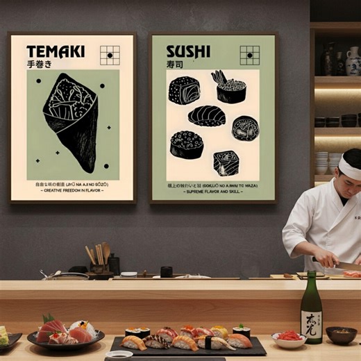 Japanese Kitchen Art, Minimalist Asian Food Wall Decor, Retro Sushi Poster, Digital Download - Etsy