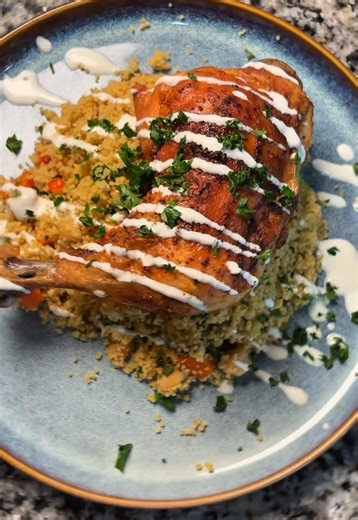 This roasted chicken and couscous dinner was so easy to throw together. The warm curry flavors, roasted vegetables, crispy chicken, and creamy whipped feta yogurt sauce all work so well together. Even better, all of my kids cleaned their plates for this one. The left over yogurt feta, though only 2 ingredients, make a great leftover veggie dip for school #easydinner #familymeals #recipesoftiktok #dinnerideas #cooking Ingredients Chicken * 5–6 chicken quarters or legs * 1/4 cup olive oil * 2 tsp 