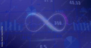 Animation of infinity symbol over multiple graphs and changing numbers on abstract background Stock Video