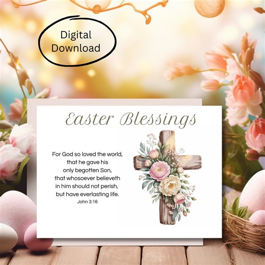 Christian Easter Card Printable | John 3:16 Scripture | Floral Cross Blessings Card | Religious Greeting - Etsy