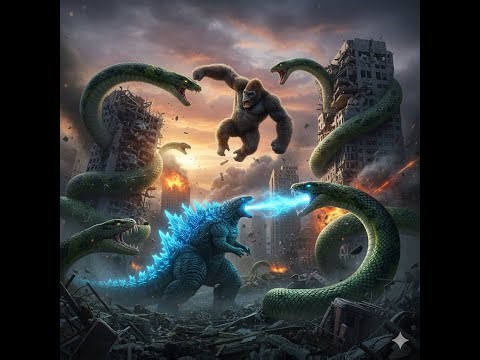 King Kong and Godzilla vs. Giant Python Snakes as the Fight Spreads to the City