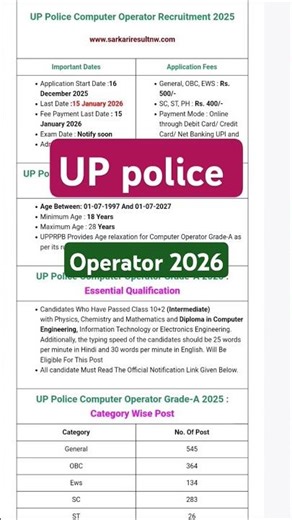 UP Police computer operator Grade A Vacancy 2026 Online Form #comin #uppolice #sarkariresultnew