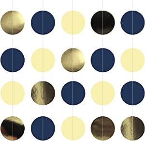 NICROLANDEE Navy Blue Dots Paper Garland Metallic Gold String Hanging Party Garland Backdrop for Nautical Bachelorette Wedding Baby Shower Bridal Shower Birthday Party Decorations 3 Pack/Set