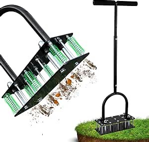 Lawn Aerator - Aerator Lawn Tool, Automatic Dirt and Leaf Clean Design, Heavy Duty Manual Lawn Aerator Tool with 15 Iron Spikes, Height Adjustable, Yard Grass Aerator for Lawn(Black)