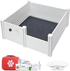 Whelping Box for Dogs with Pig Rails, with Feeding Kit 60"×60"×24", Includes Pee Pad, Pet First Aid Kit, Scale, Nail Clippers, Feeder, Thermometer etc, Adjustable Height Door, Dog Whelping Pen