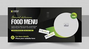 Download Restaurant food menu social media marketing web banner. Pizza, burger or hamburger online sale promotion video thumbnail. Fast food website background for free