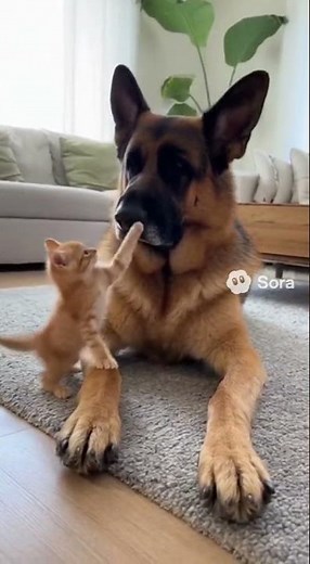 Cat playing with German Shepherd!!! 🥺 This gentle giant is the best babysitter