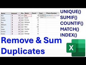 Remove, Sum & Find Related Values with Duplicates in Excel | UNIQUE, COUNTIF, SUMIF MATCH Tutorial