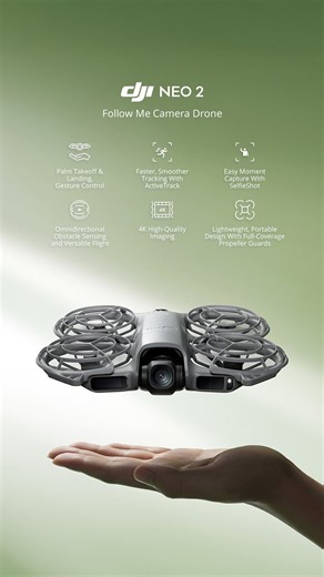 Meet DJI Neo 2 - Follow Me Camera Drone. DJI Neo 2 is DJI’s most compact drone, equipped with omnidirectional obstacle sensing and features such as gesture control, SelfieShot, and ActiveTrack for more creative ways to fly. Even beginners can get started effortlessly. Think of it as your personal follow-me camera drone, always ready to capture your most exciting moments. ✅ Palm Takeoff & Landing, Gesture Control ✅ Faster, Smoother Tracking With ActiveTrack ✅ Easy Moment Capture With SelfieShot ✅